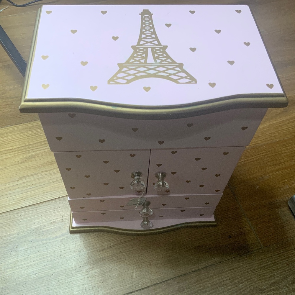Pink and Gold Music Jewelry Box with Eiffel Tower, Hearts and Ballerina